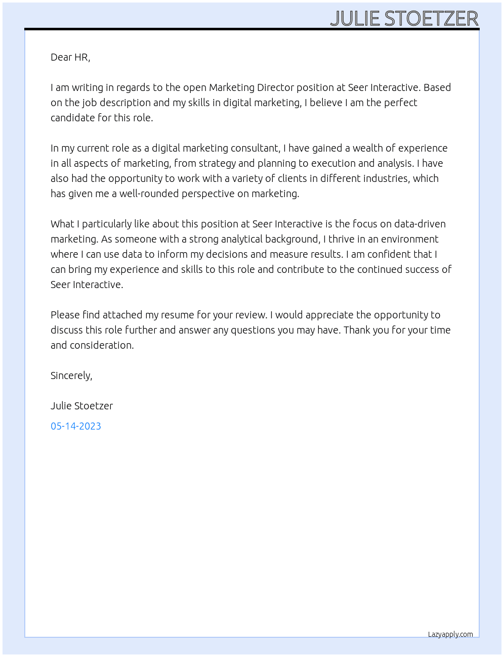 marketing director At seer interactive Cover Letter