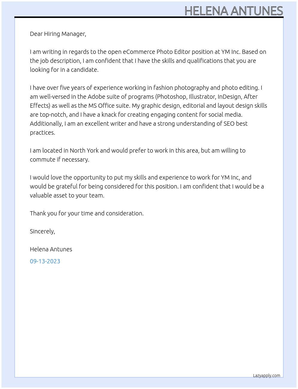 Ecommerce Photo Editor At YM Inc Cover Letter