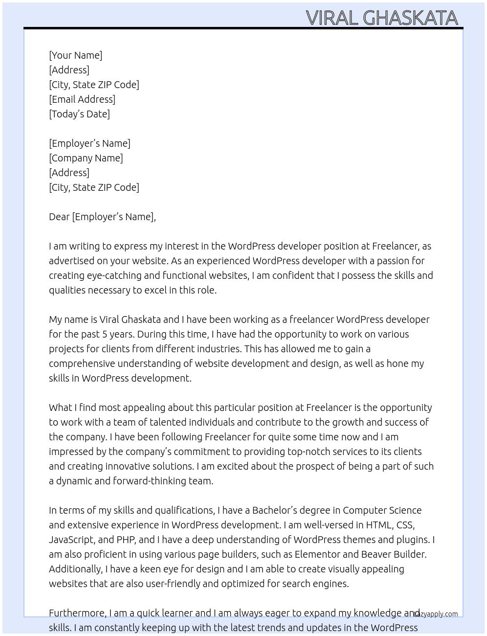 WordPress developer  At Freelancer  Cover Letter