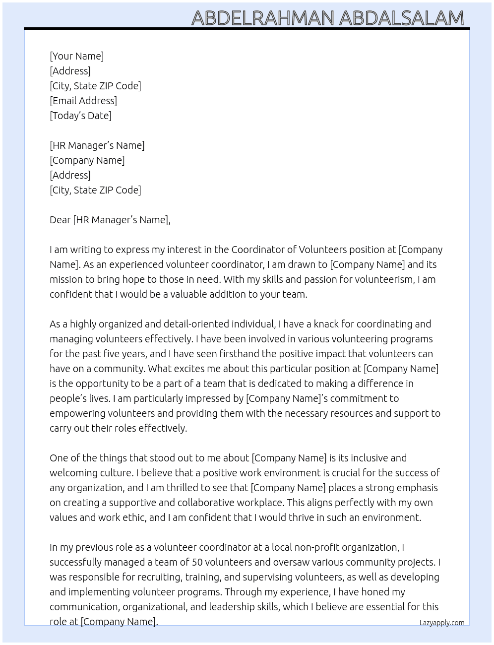 coordenator of volunteers At Givinghopeforthem Cover Letter