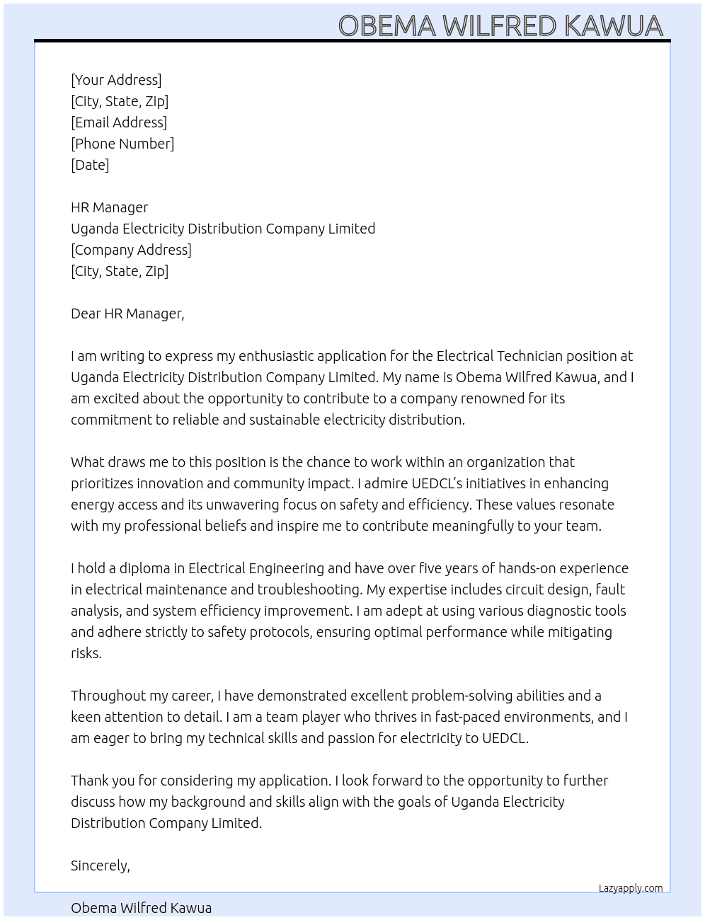ELECTRICAL TECHNICIAN  At Uganda Electricity Distribution Company Limited  Cover Letter