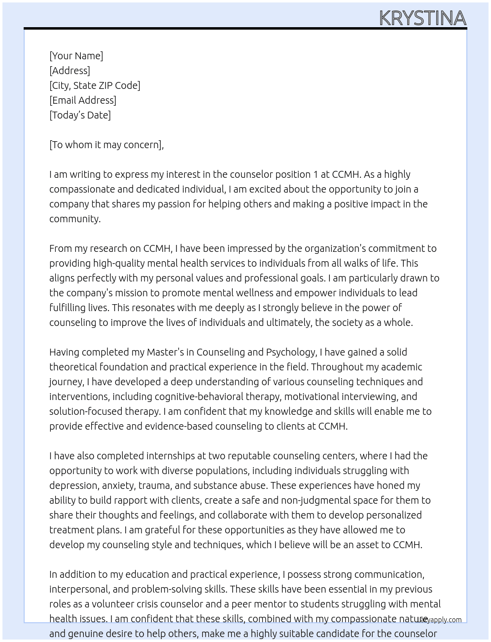 counselor 1 At CCMH Cover Letter