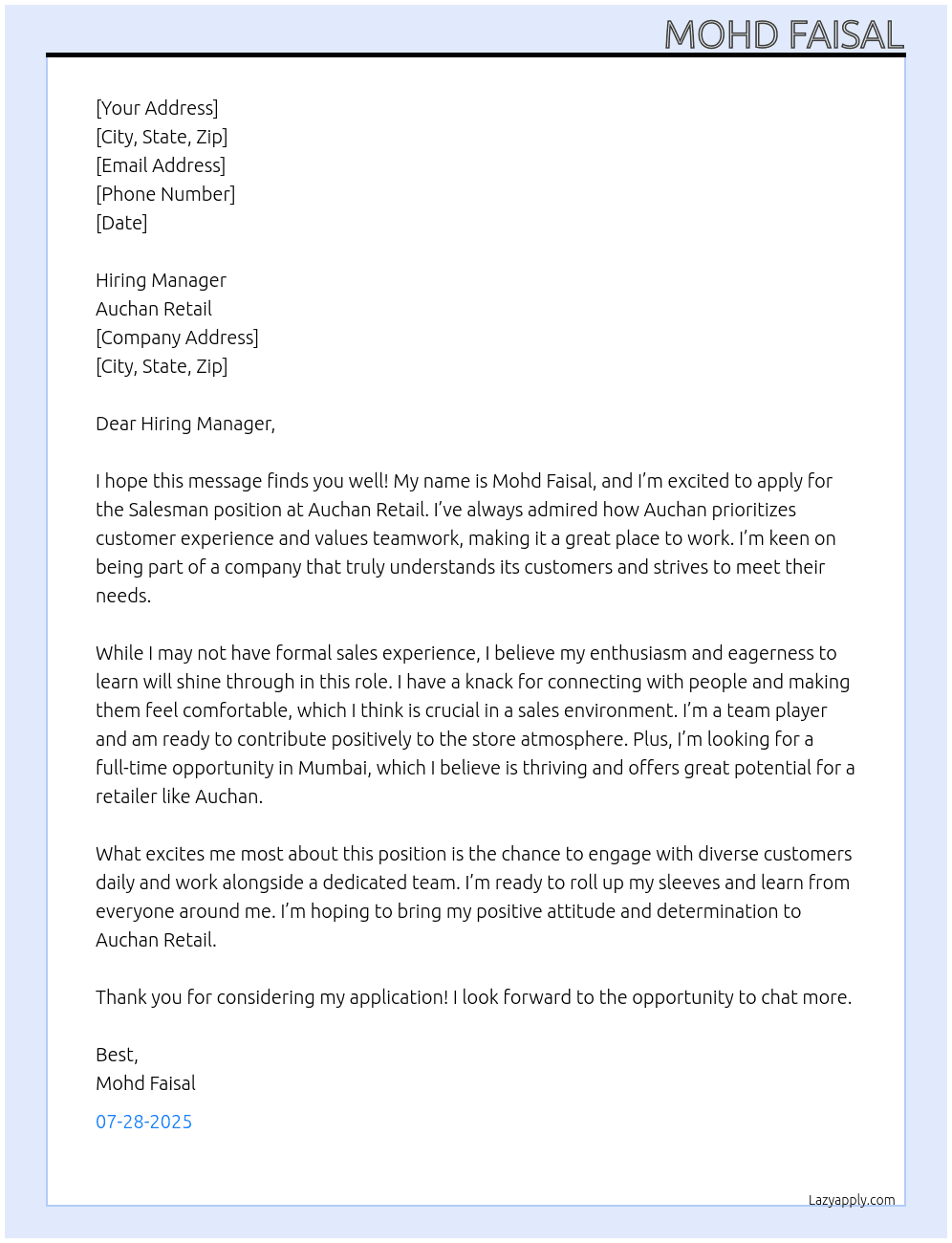 Sale man At Auchan Retail Cover Letter