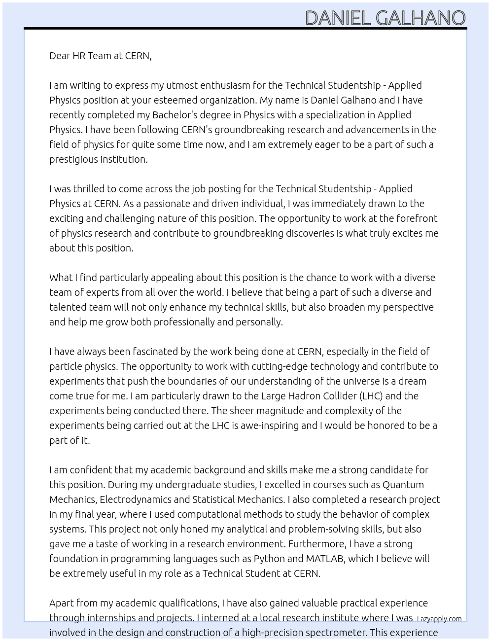 Technical Studentship - Applied Physics At CERN Cover Letter