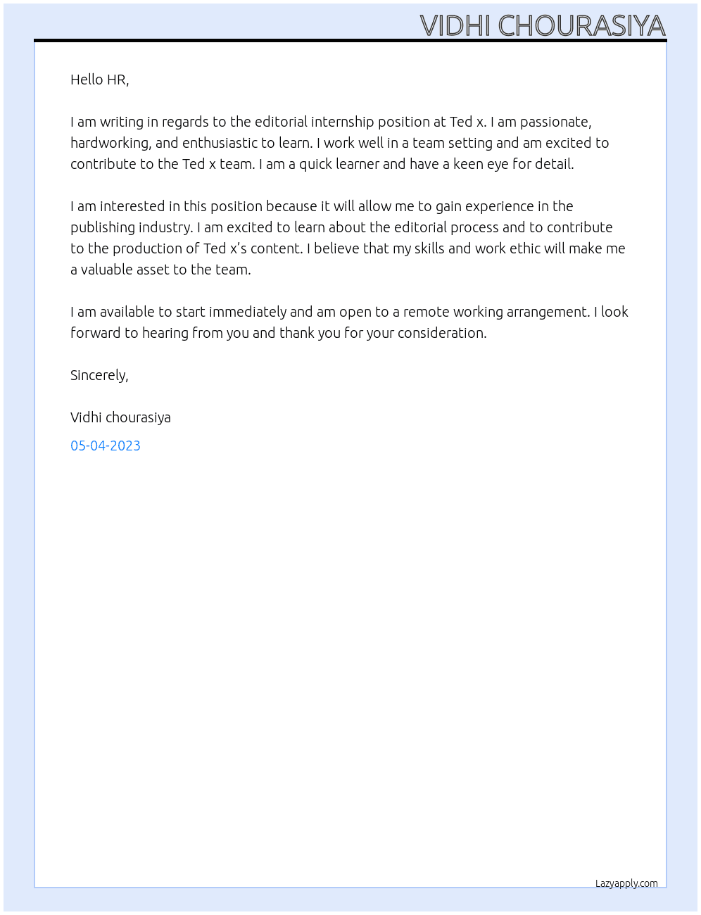 Editorial intern At Ted x Cover Letter