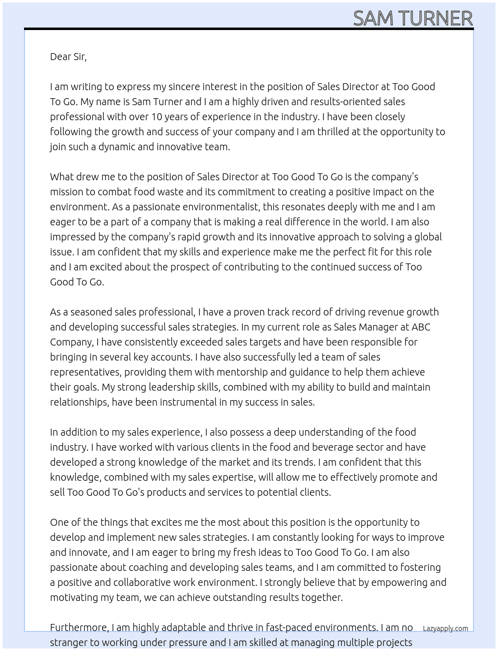 sales director  At too good to go Cover Letter