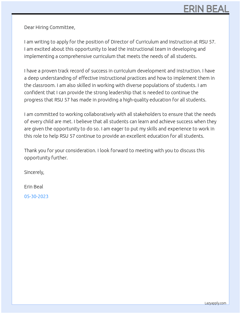 director of curriculum and instruction At RSU 57 Cover Letter