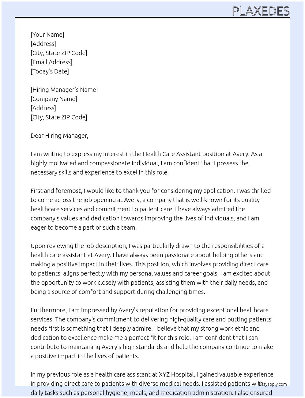 health care assistant At Avery Cover Letter