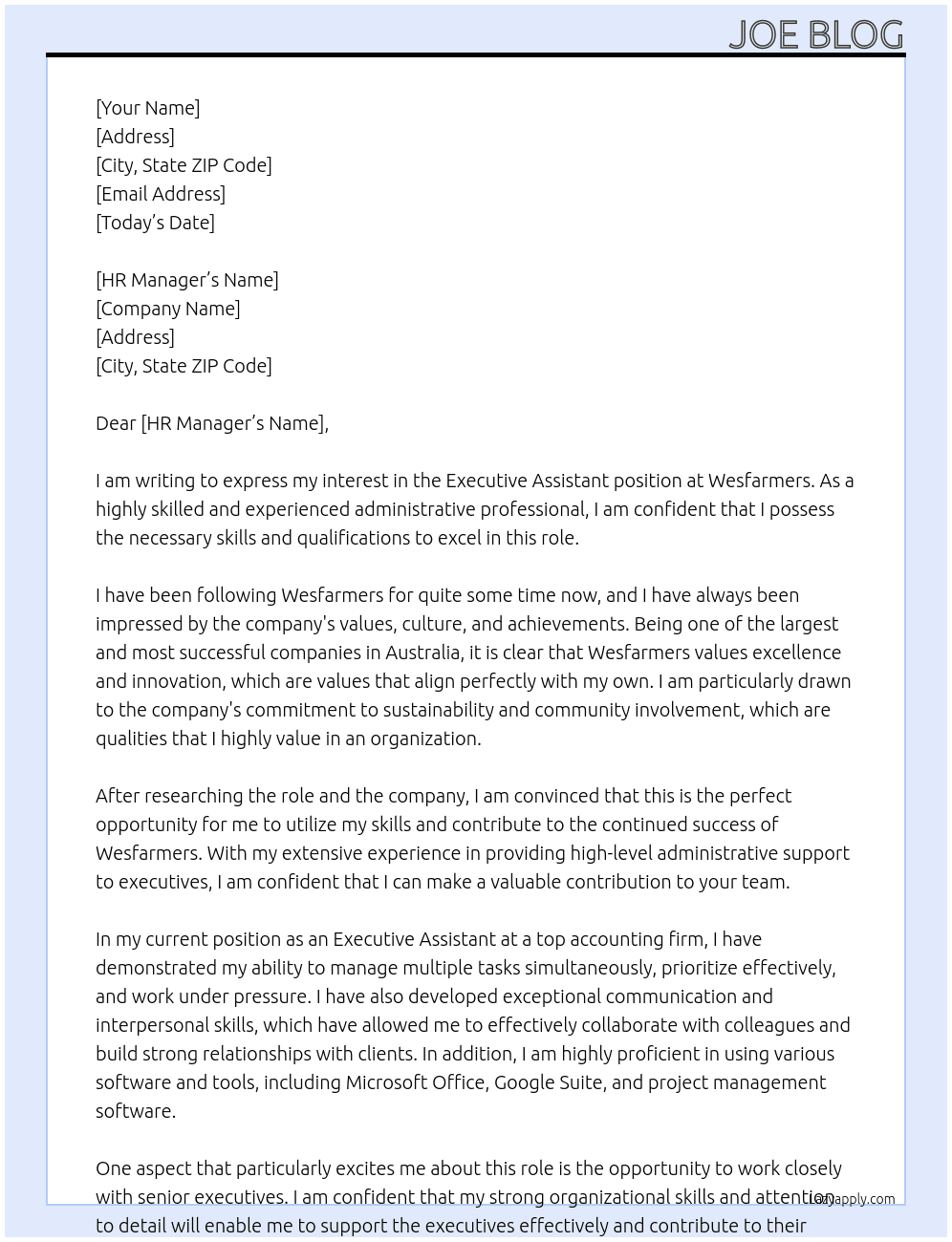 Executive Assistant At Wesfarmers Cover Letter