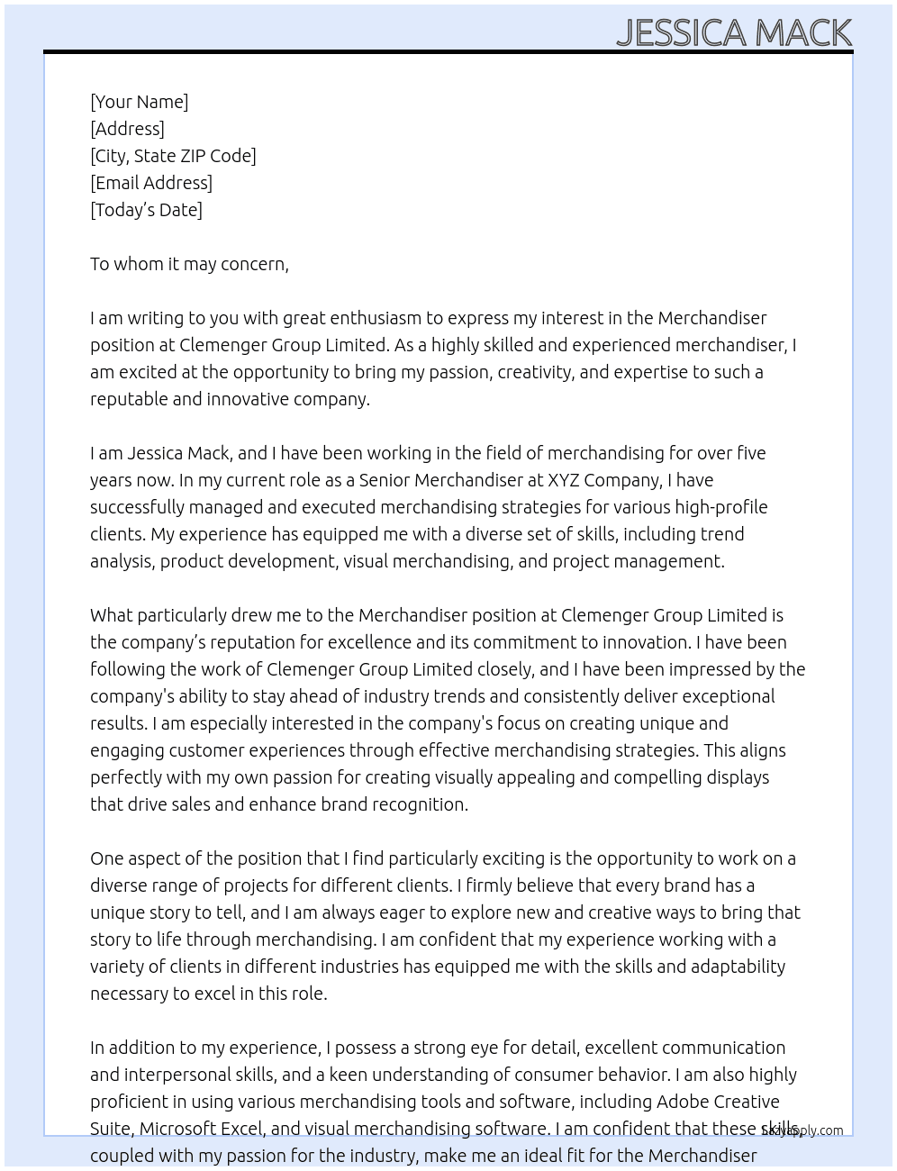 Merchandiser At Clemenger Group Limited Cover Letter