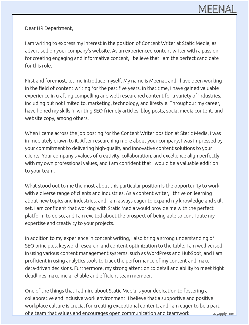 Content Writer At Static Media Cover Letter