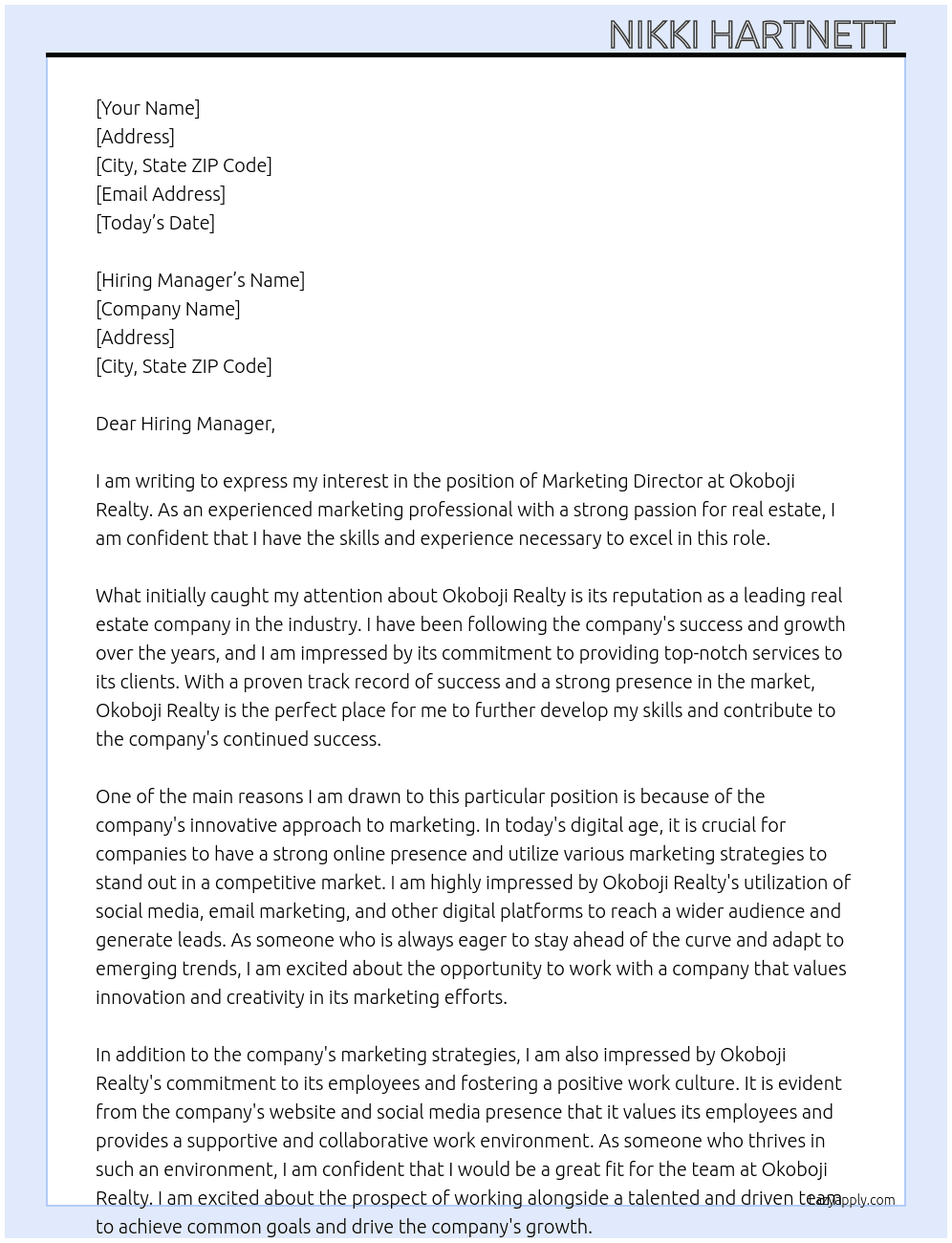 Marketing Director  At Okoboji Realty  Cover Letter
