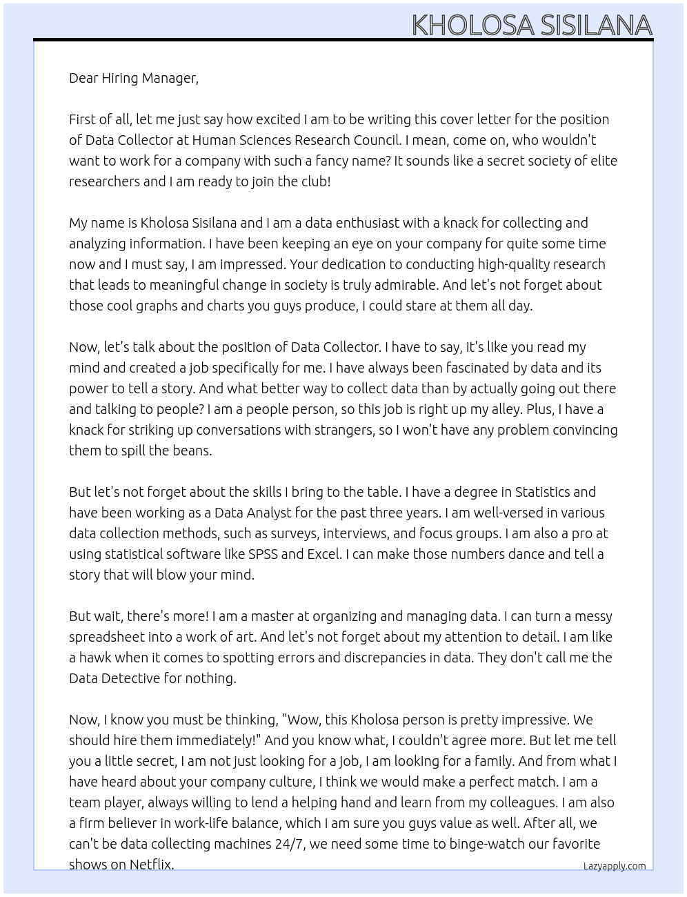 Data Collector At Human Sciences Reseach Council Cover Letter