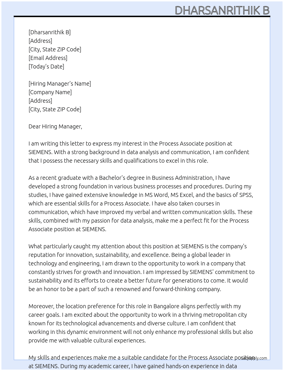 Process Associate  At SIEMENS Cover Letter