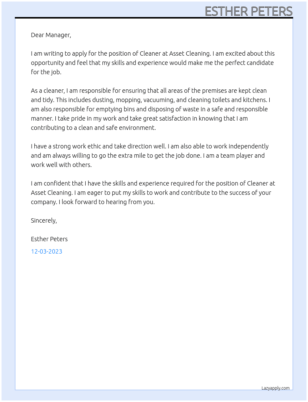 Cleaner At Asset cleaning  Cover Letter