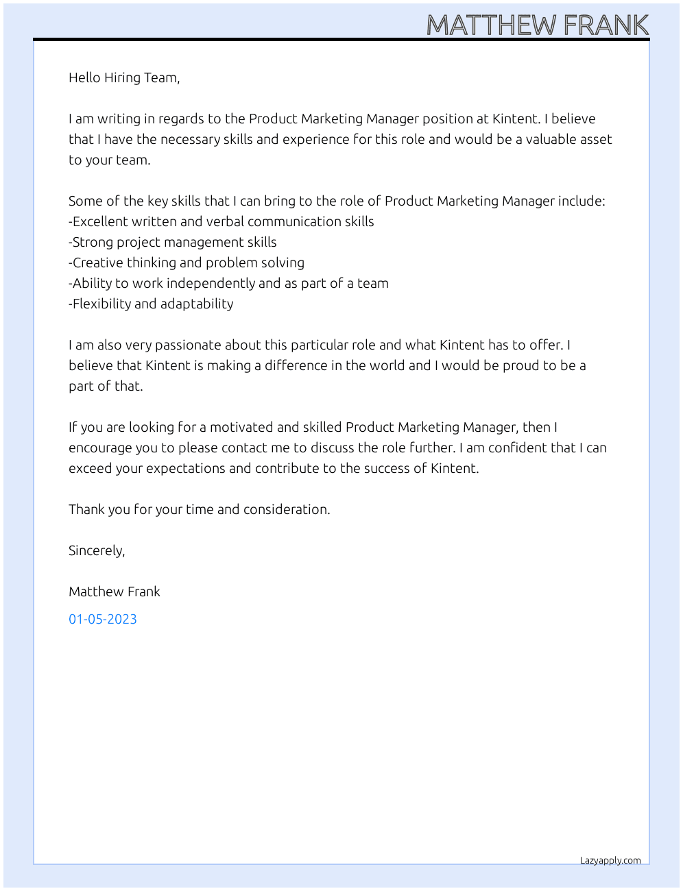 Product Marketing Manager At Kintent Cover Letter