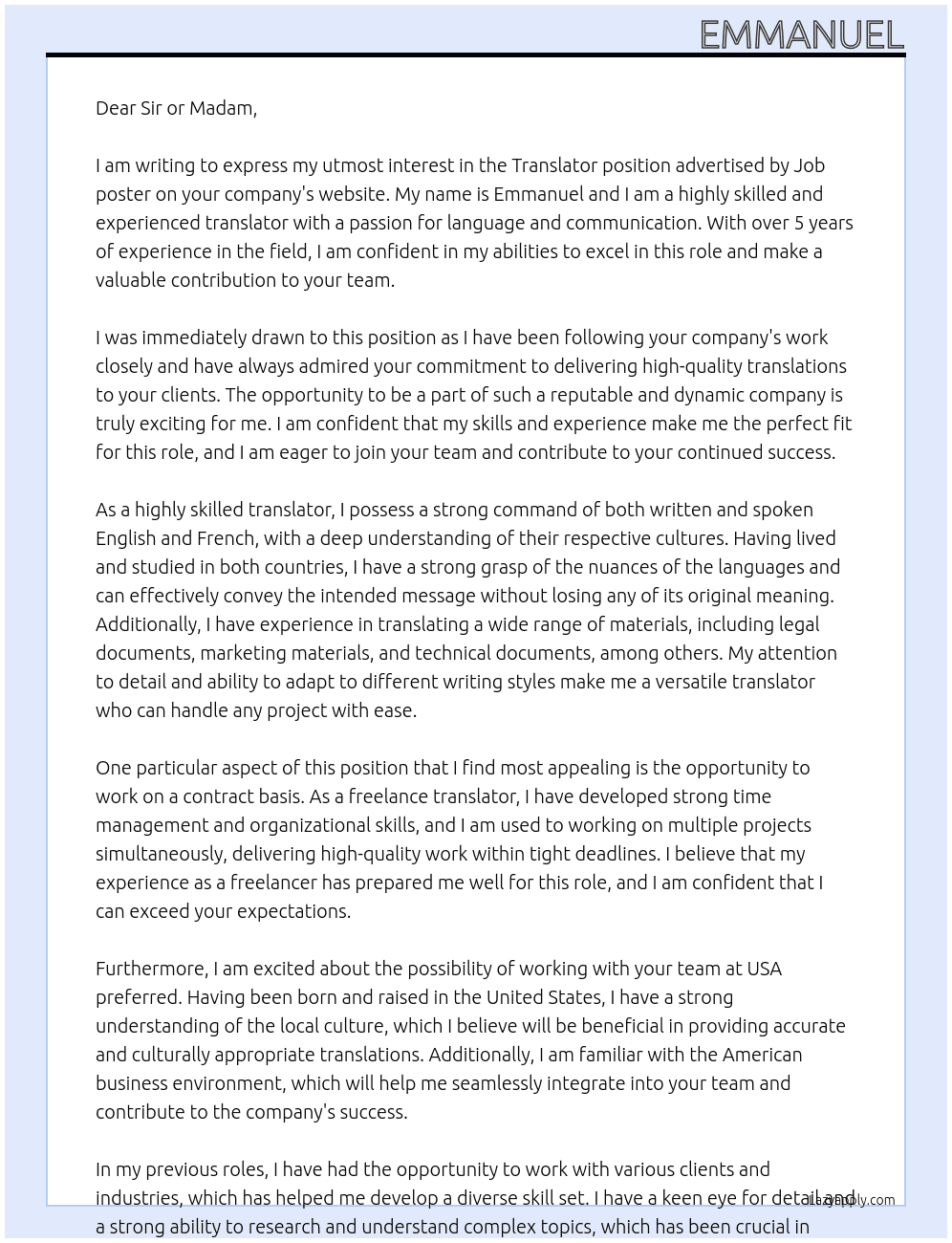 Translator At Sir or ma0 Cover Letter