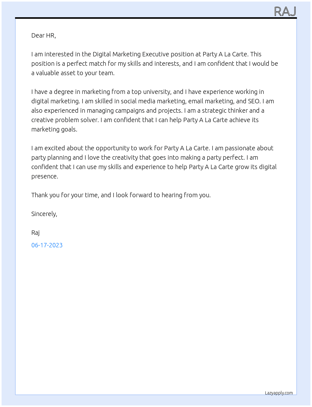 Digital Marketing Executive At Party A La Carte Cover Letter