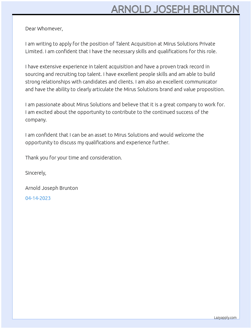 Talent Acquisition  At Mirus Solutions Private Limited Cover Letter