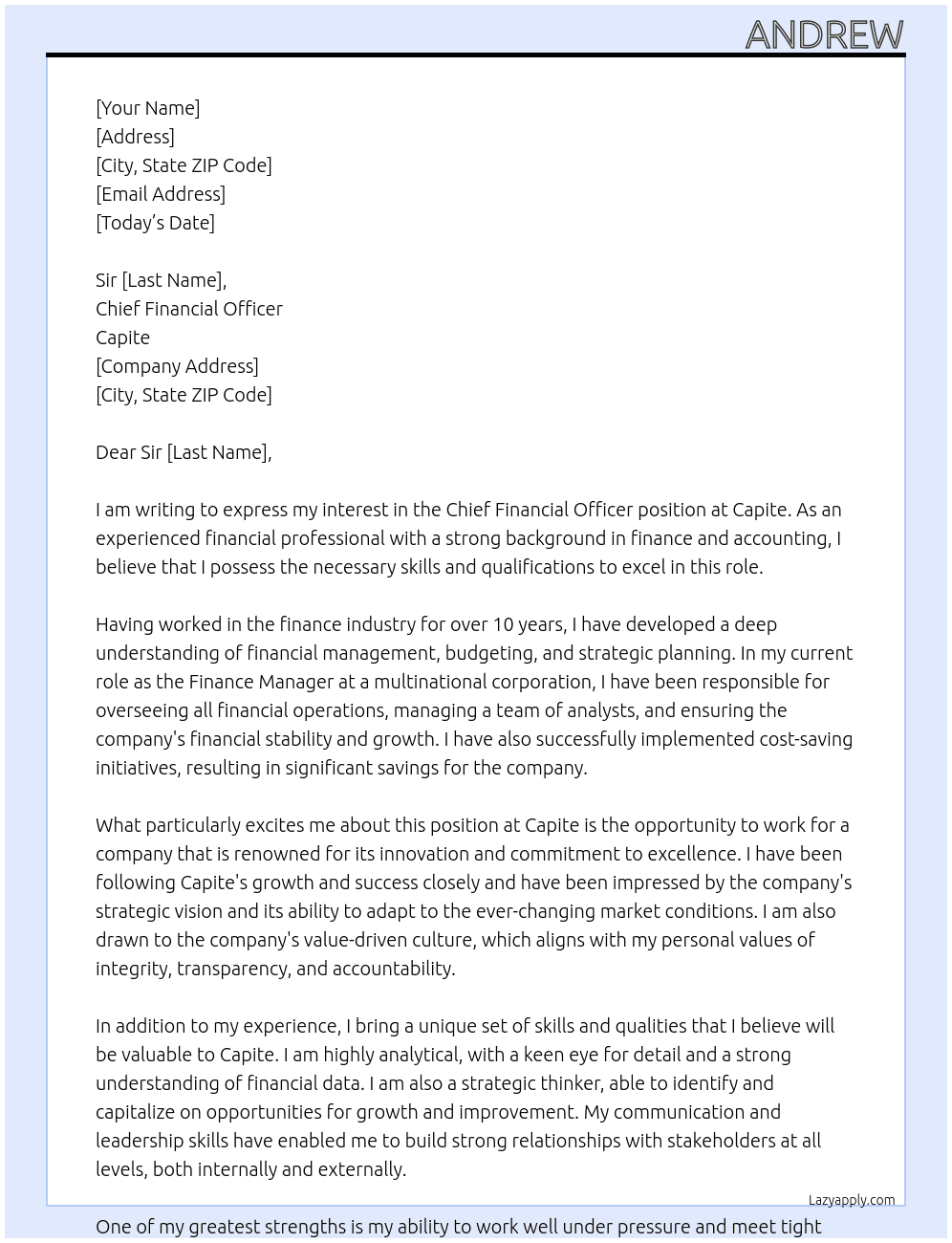 Chief Financial Officer At Capite Cover Letter