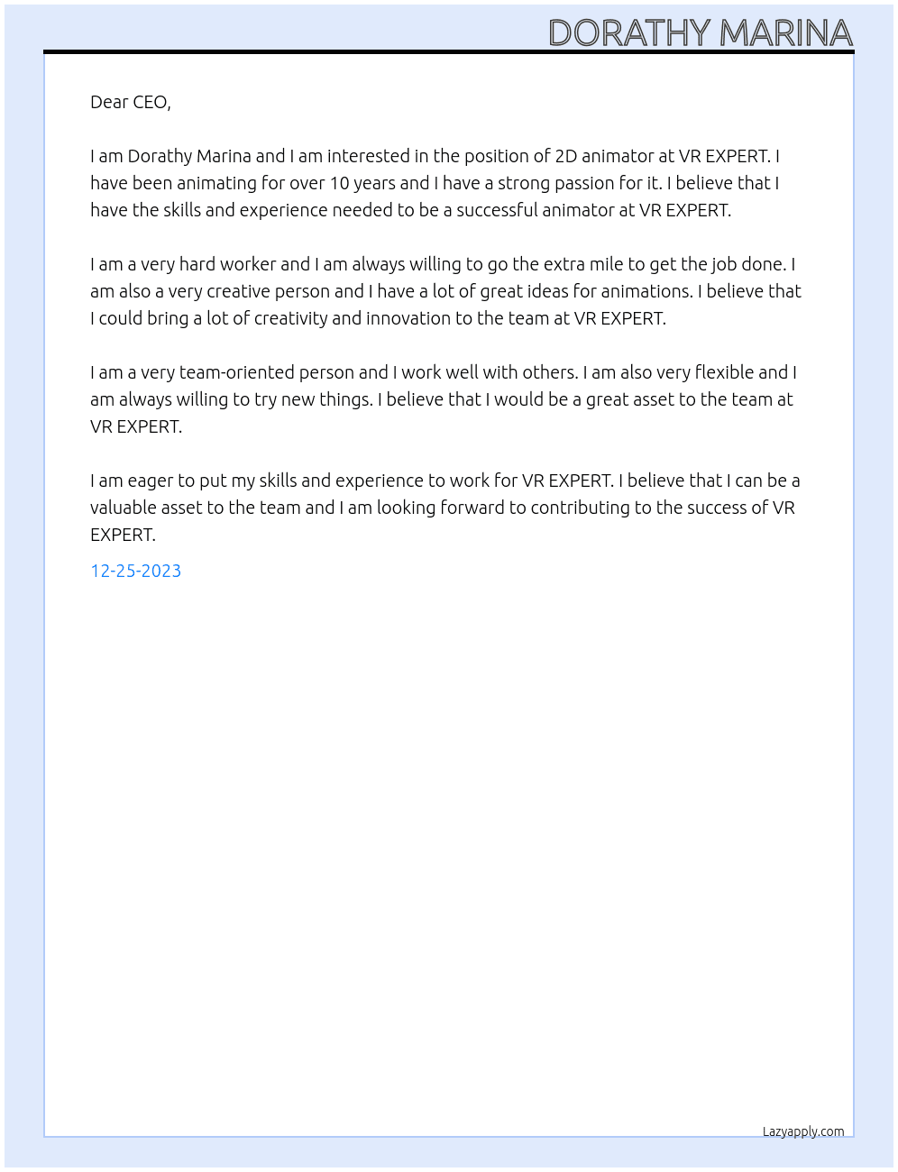 2D animator At VR EXPERT Cover Letter
