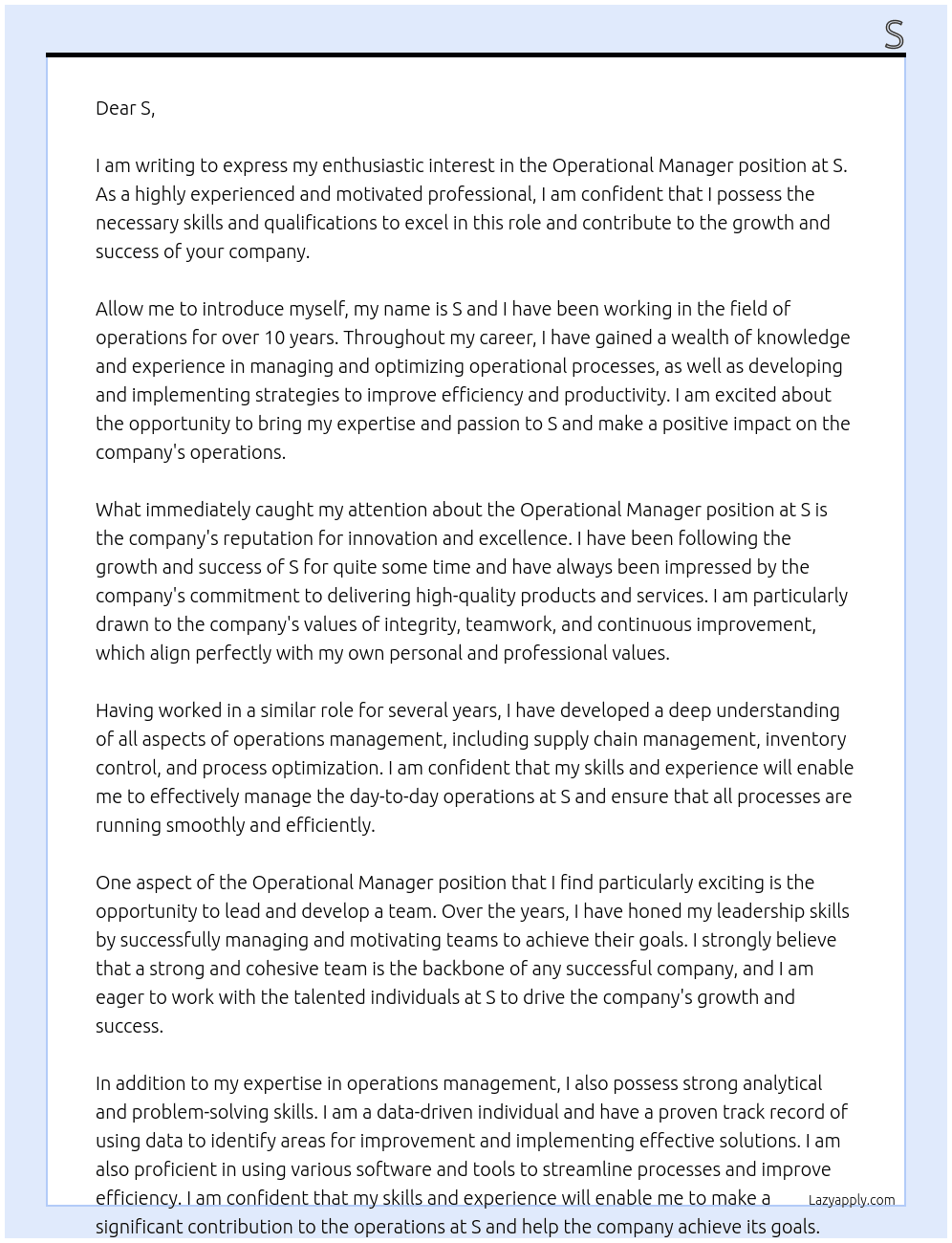 OPERATIONAL MANAGER At S Cover Letter