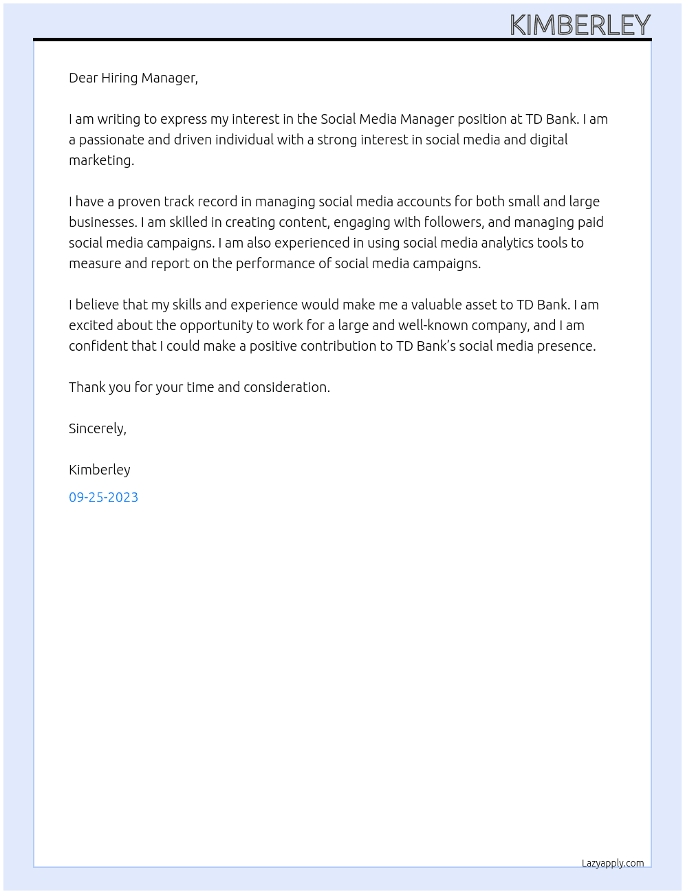 social media manager At TD Bank Cover Letter