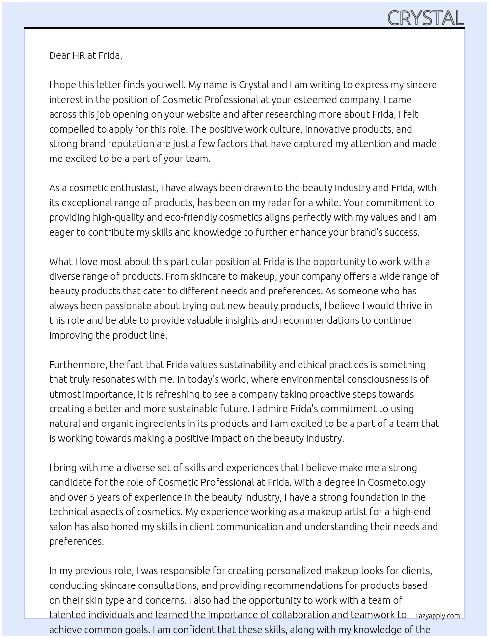 Cosmetic professional  At Frida Cover Letter