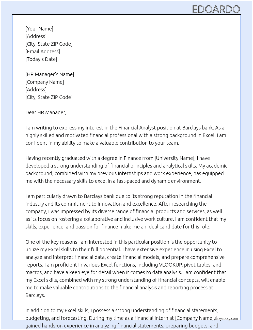 Financial Analyst At Barclays bank Cover Letter