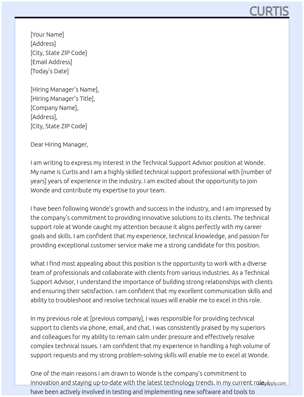 Technical Support Advisor At Wonde Cover Letter
