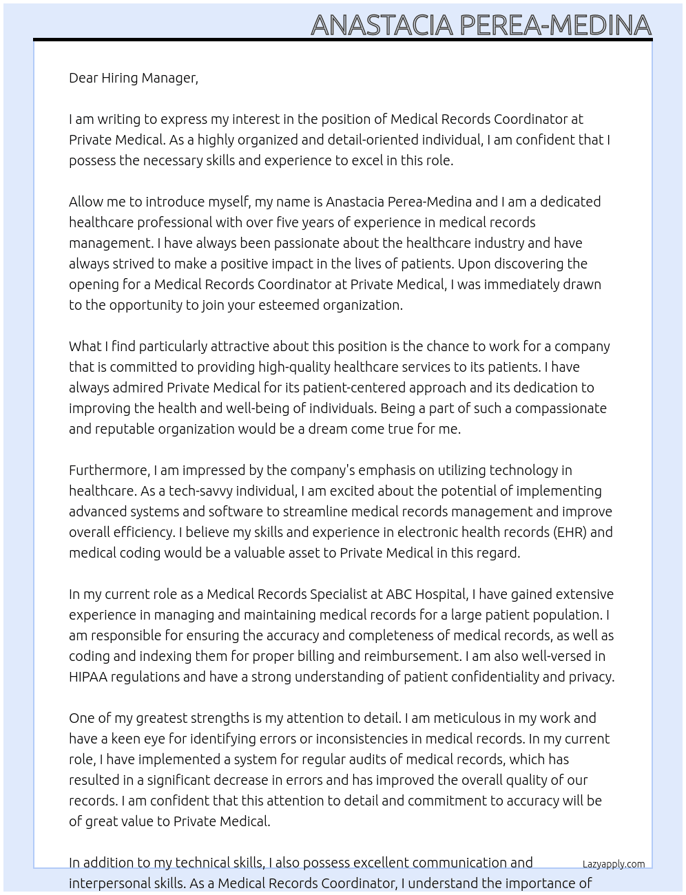 Medical Records Coordinator At Private Medical Cover Letter