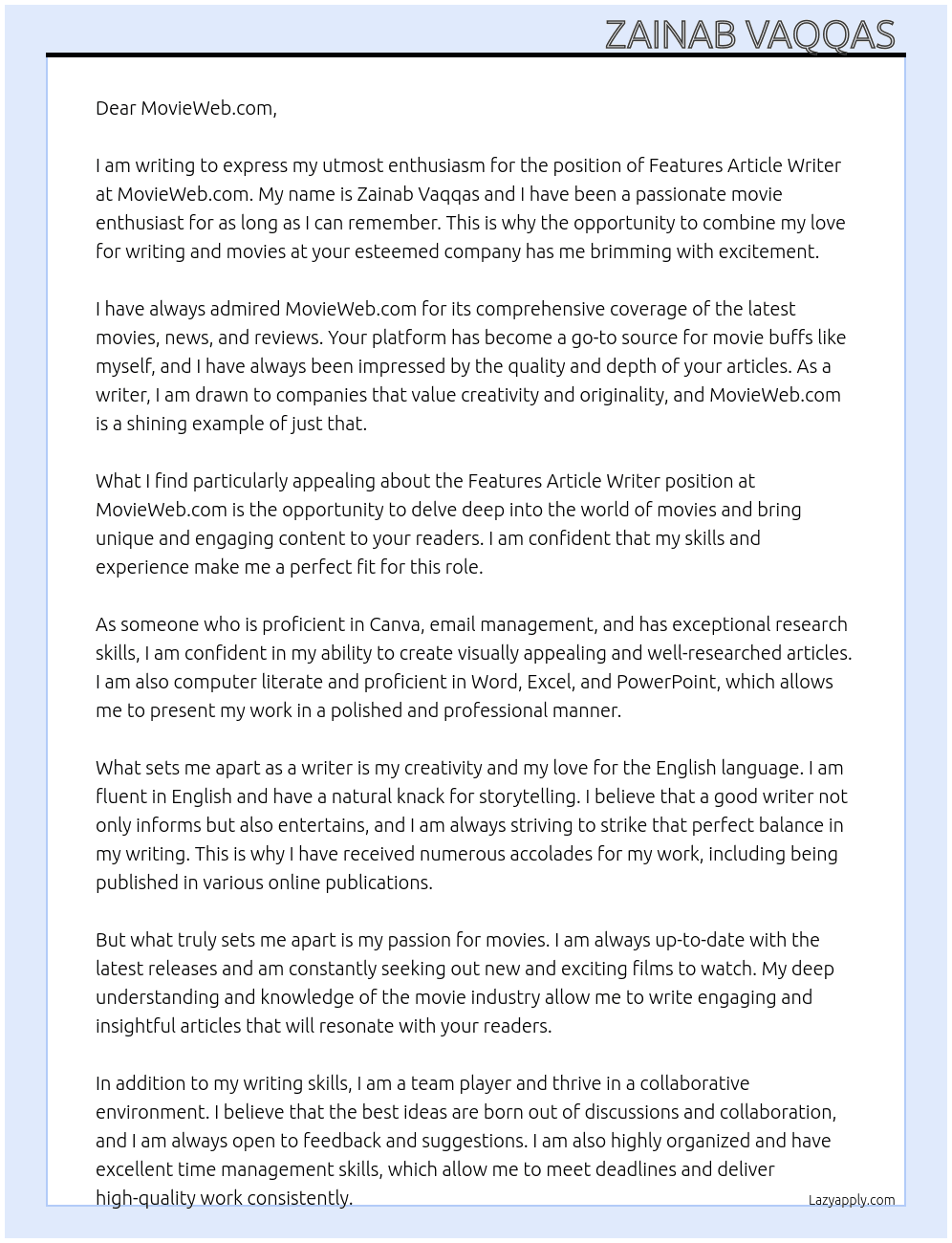Features article Writer  At MovieWeb.com  Cover Letter