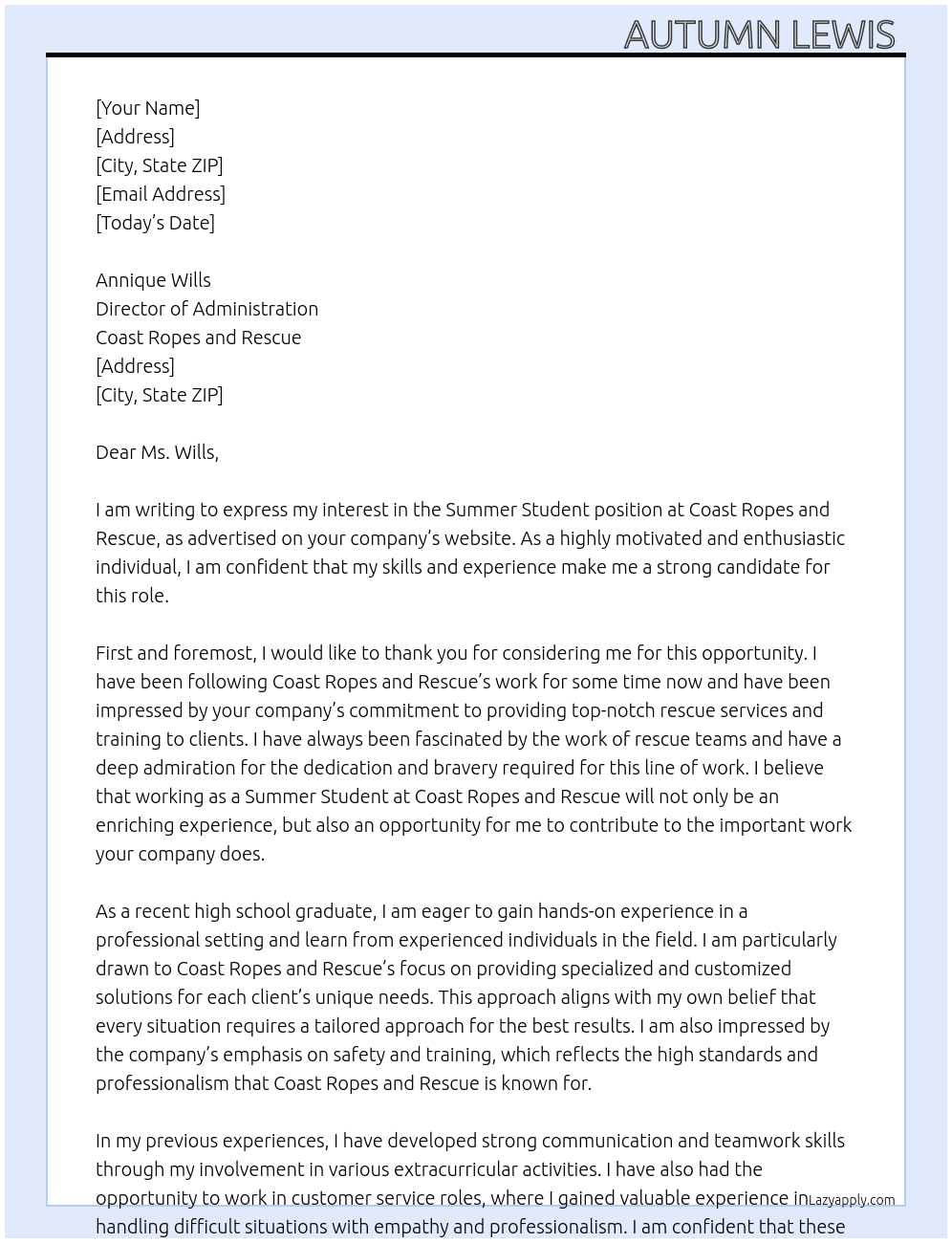 Summer Student  At Coast Ropes and Rescue  Cover Letter