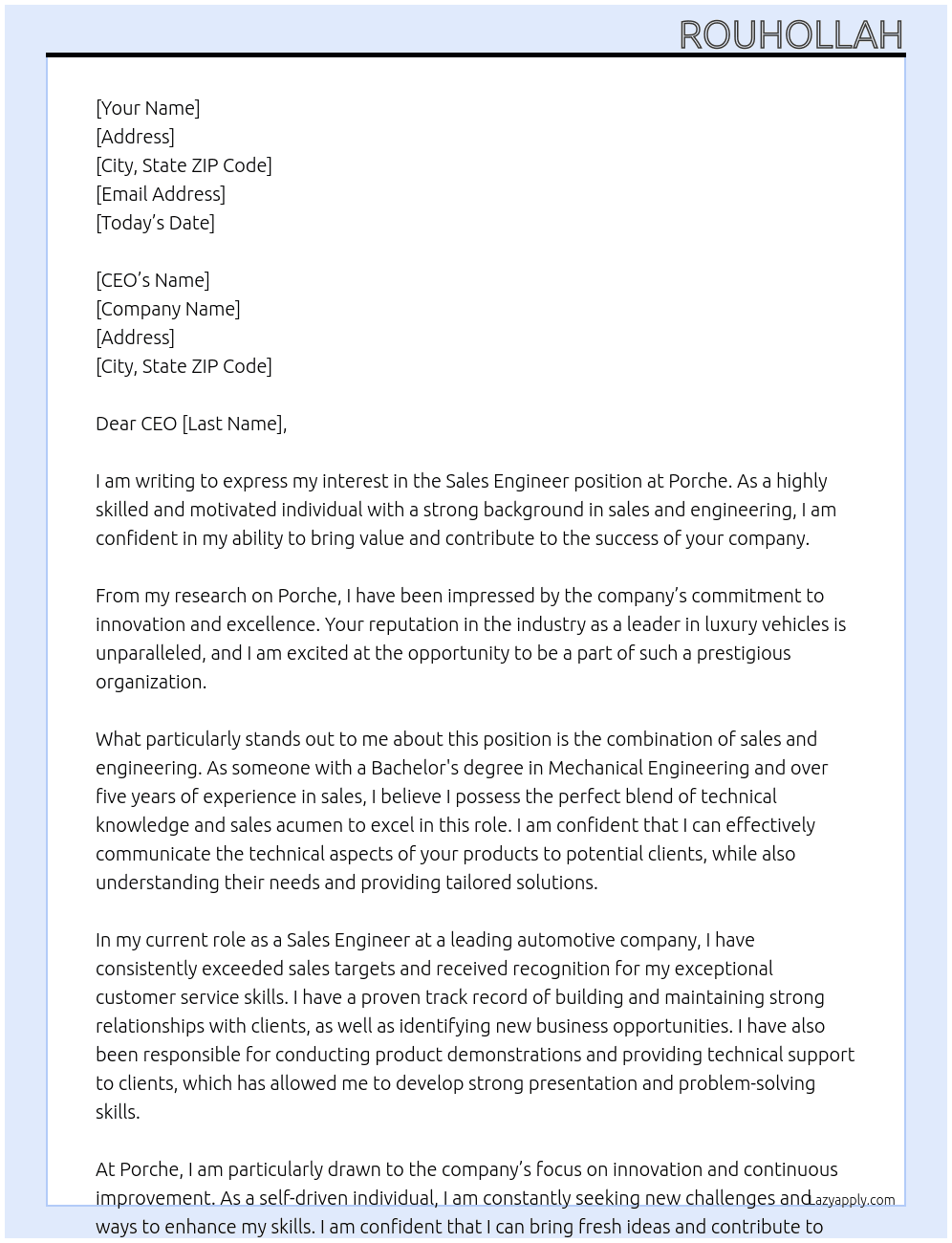 sale engineer At porche Cover Letter