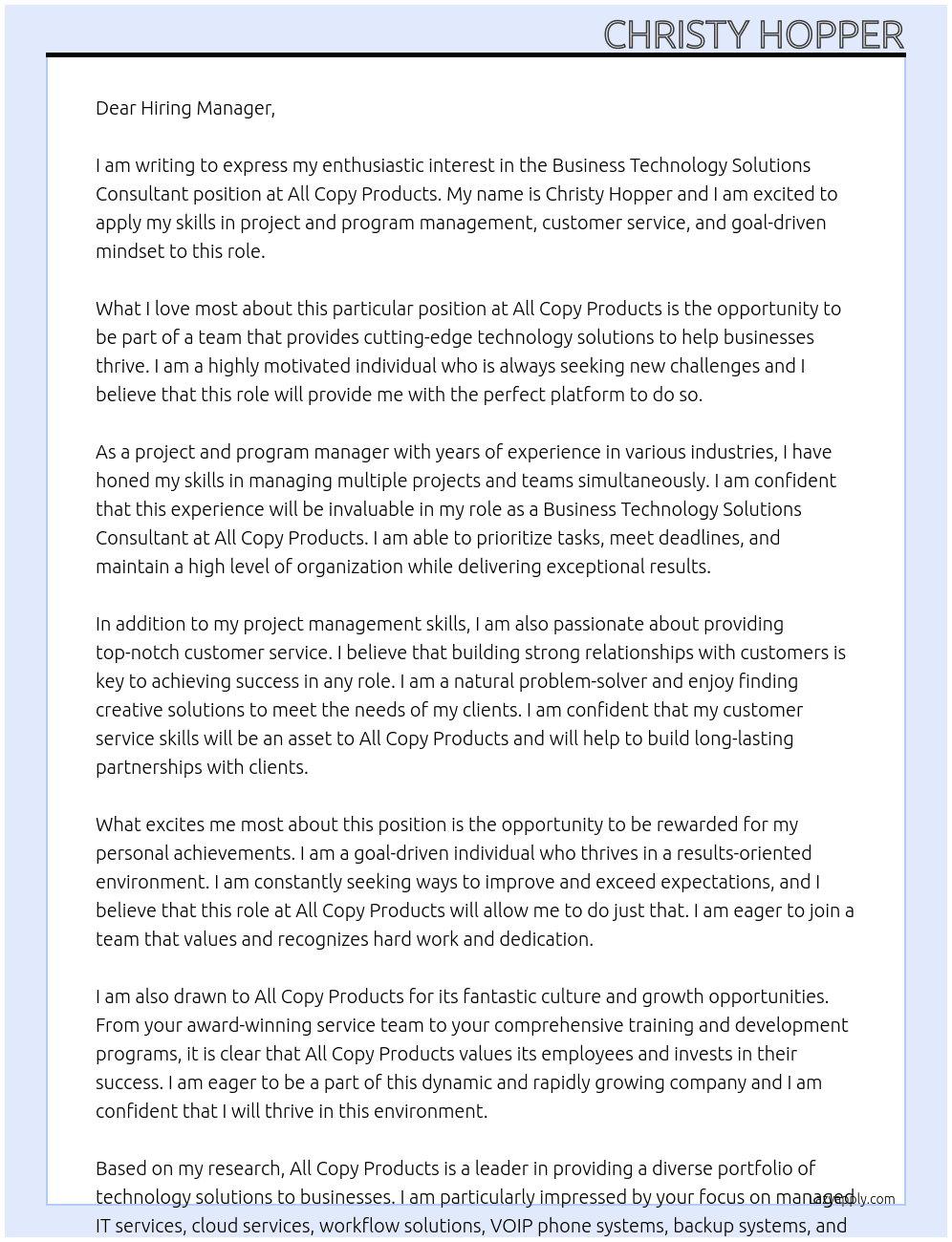 Business Technology Solutions Consultant At all copy products Cover Letter