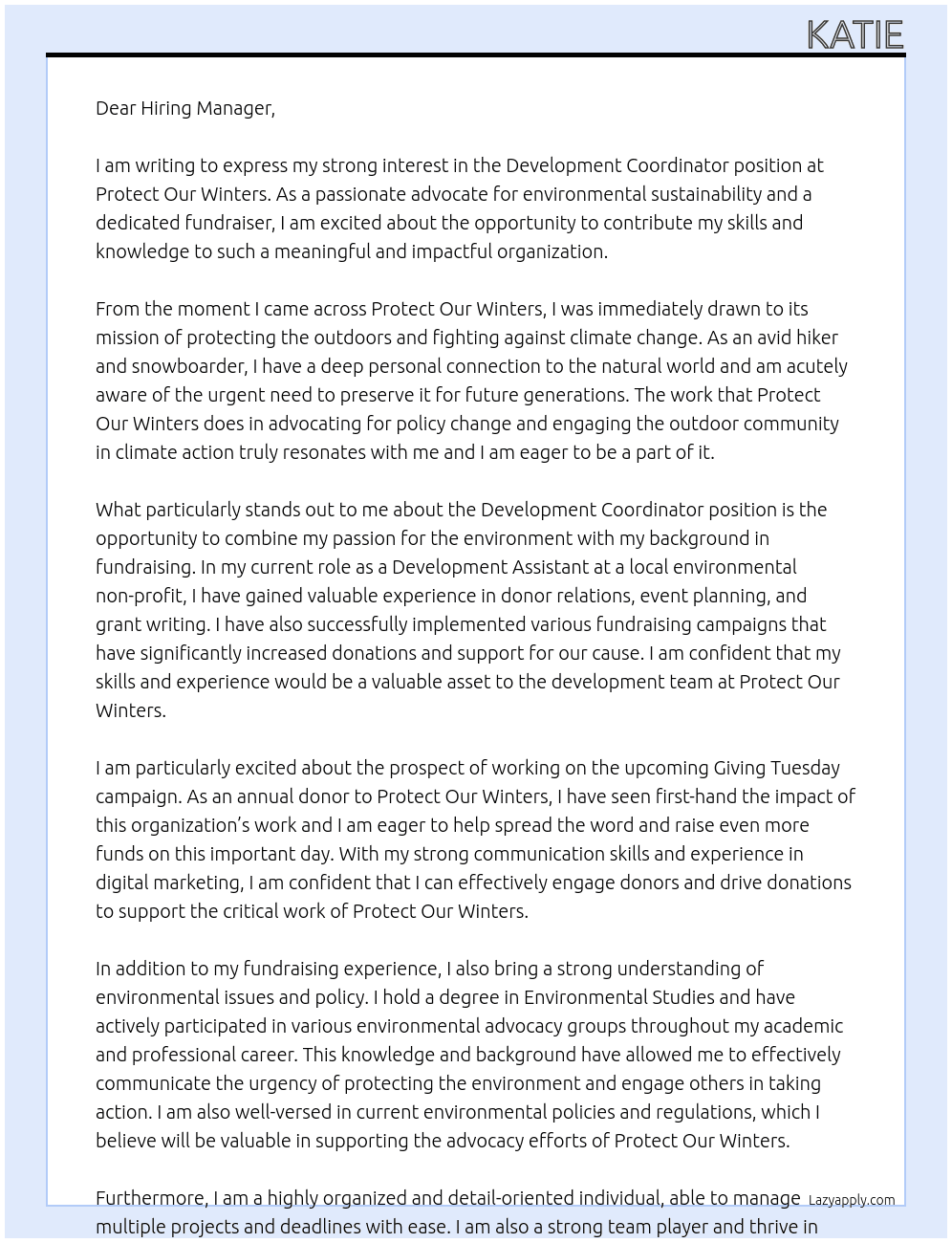 Development Coordinator At Protect Our Winters Cover Letter