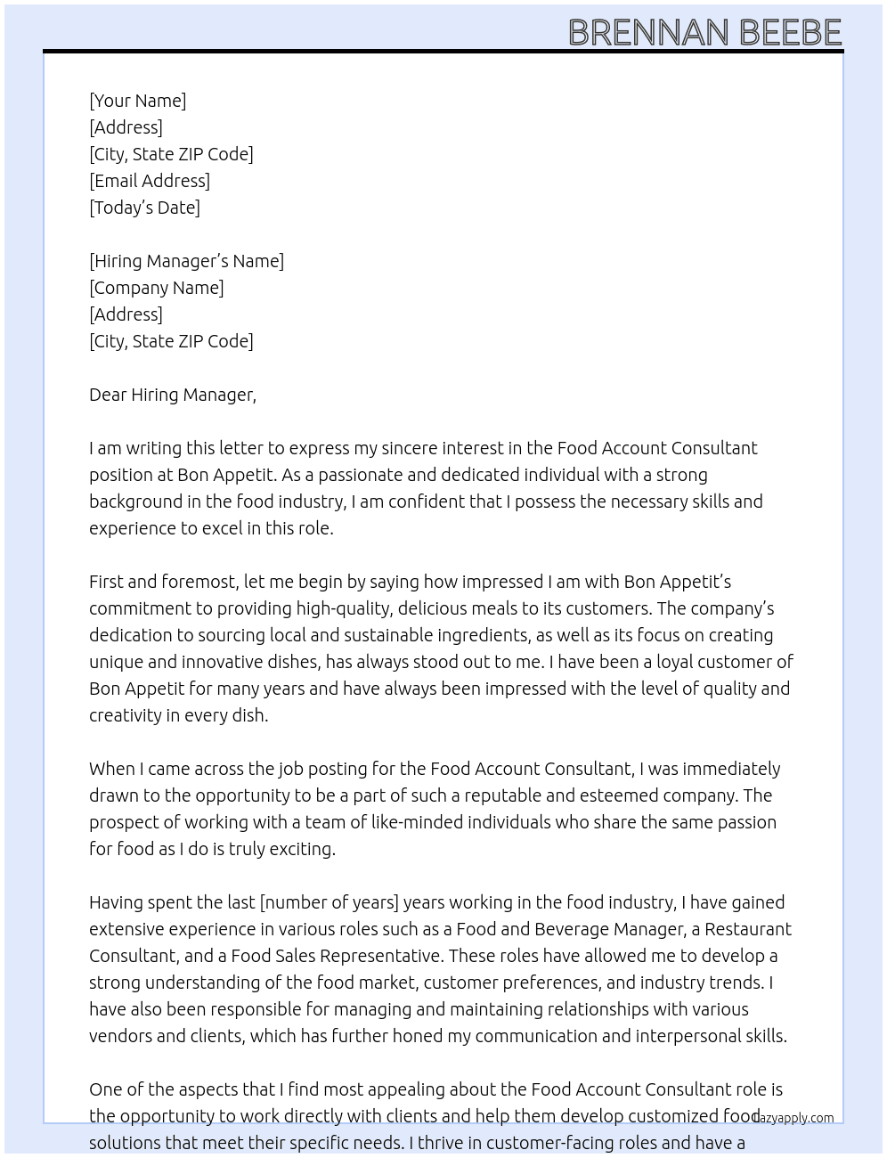  Food Account Consultant  At Bon Appetit Cover Letter