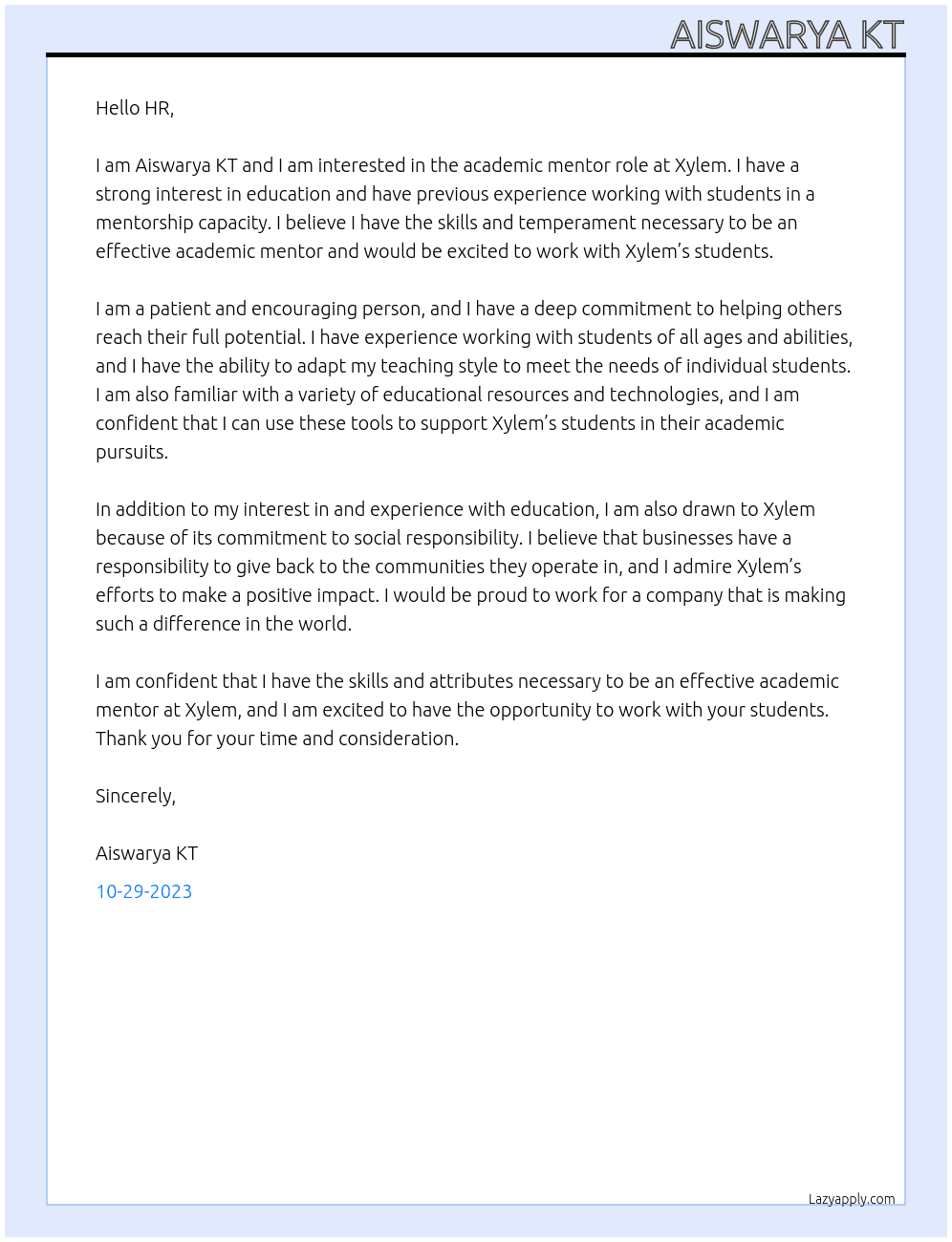 achademic mentor At xylem  Cover Letter