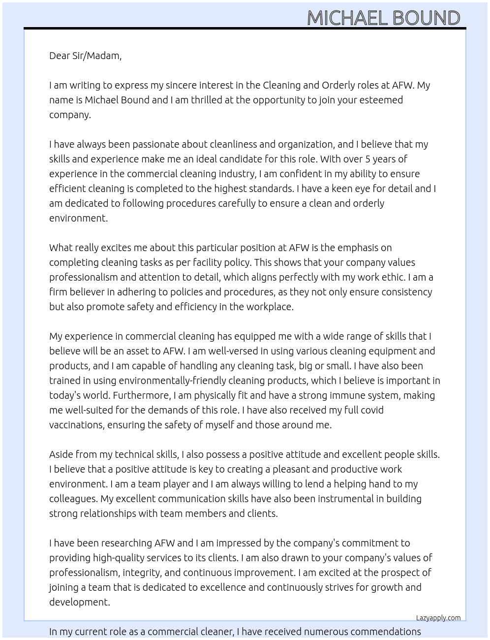 Cleaning and Orderly roles At AFW Cover Letter