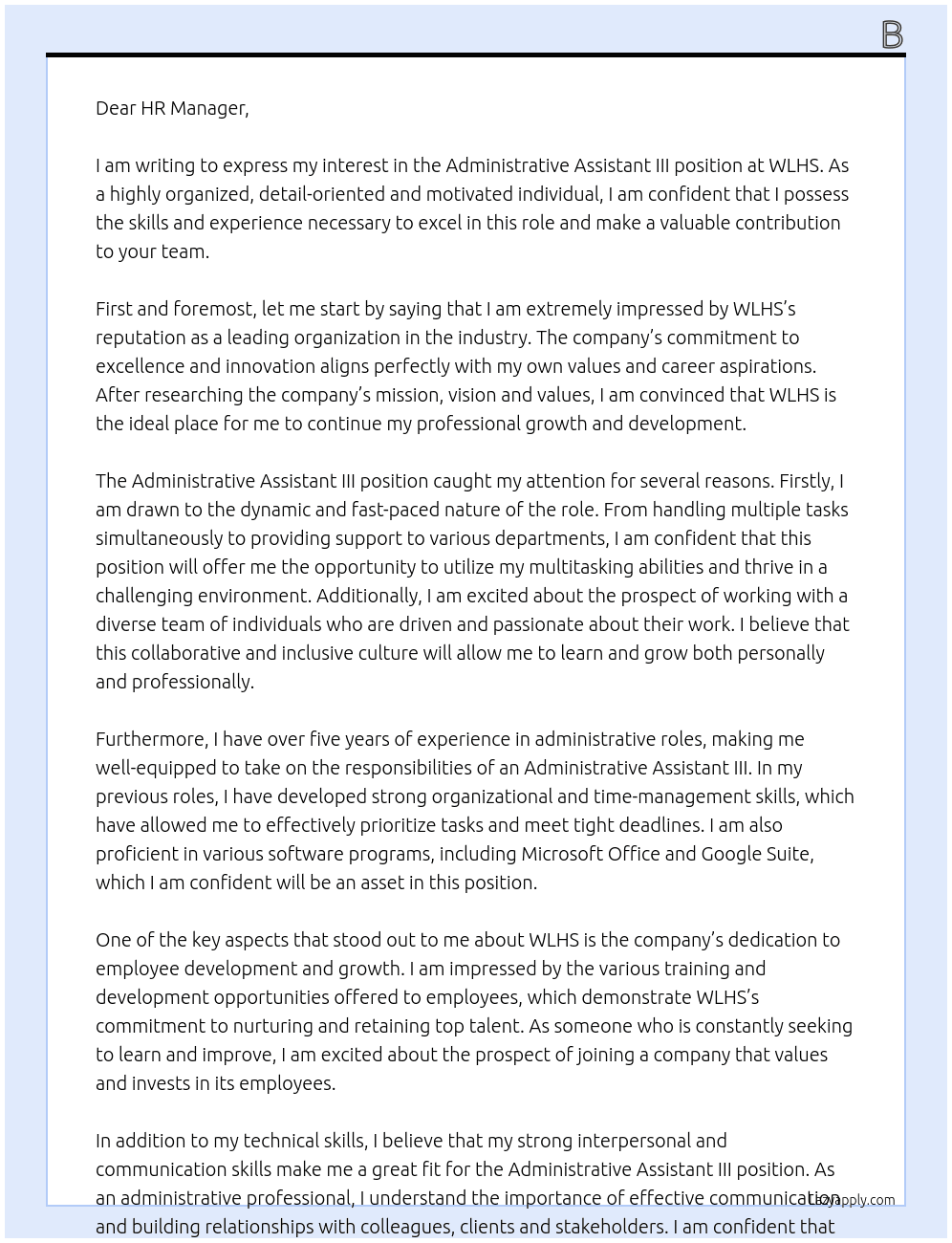 Administrative Assistant III  At WLHS Cover Letter