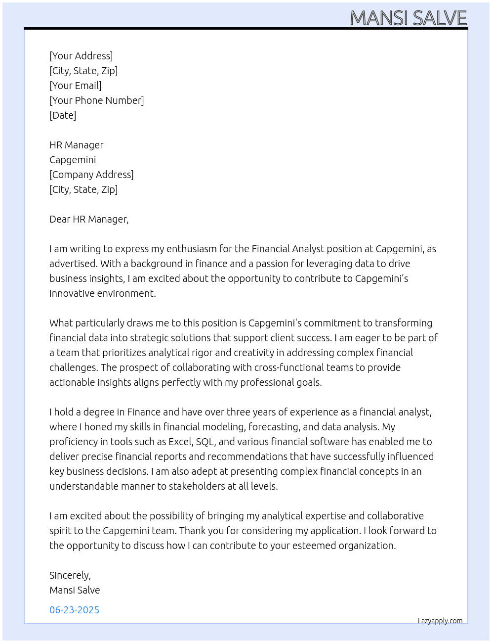 Financial analyst  At Capgemini  Cover Letter