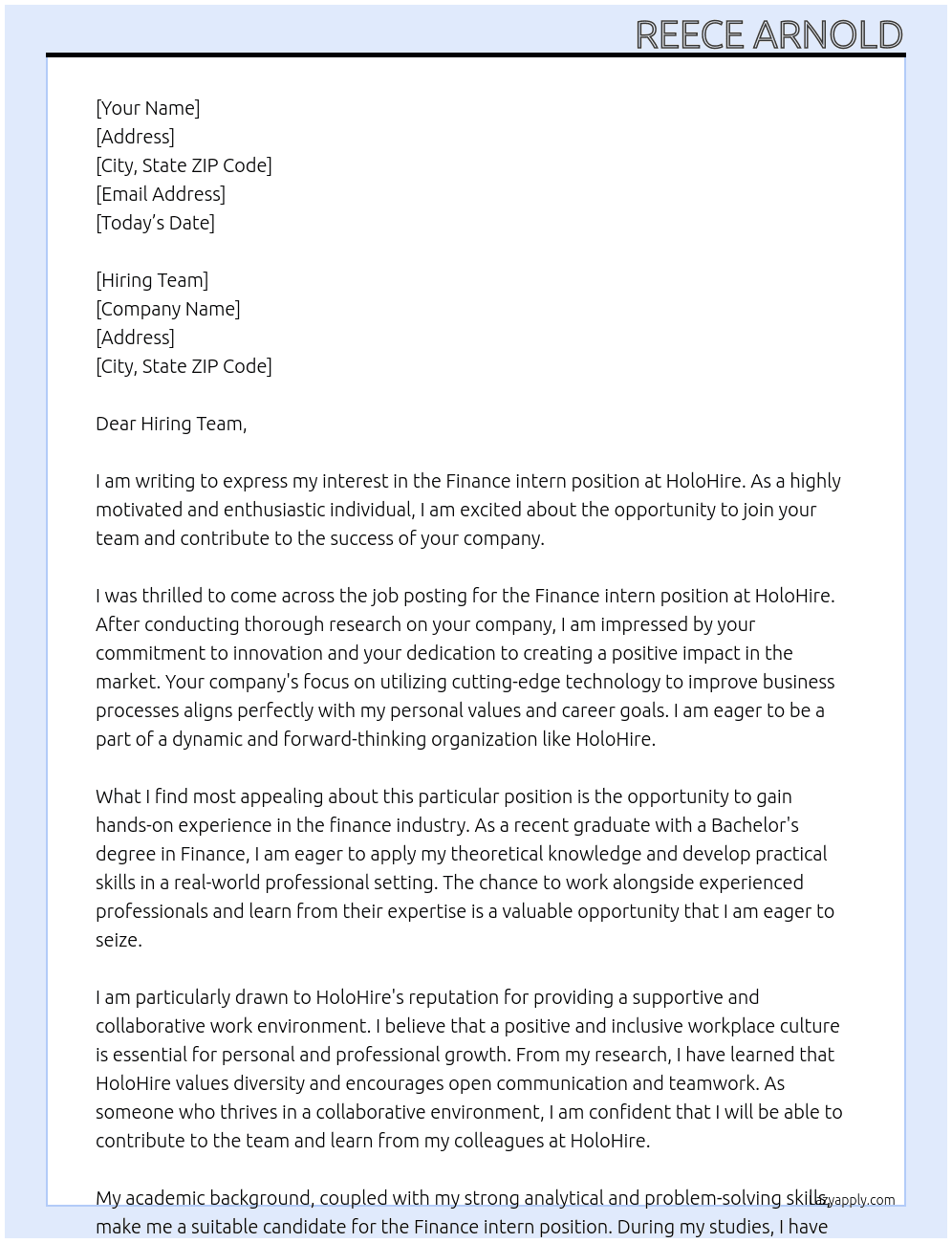 Finance intern  At HoloHire Cover Letter