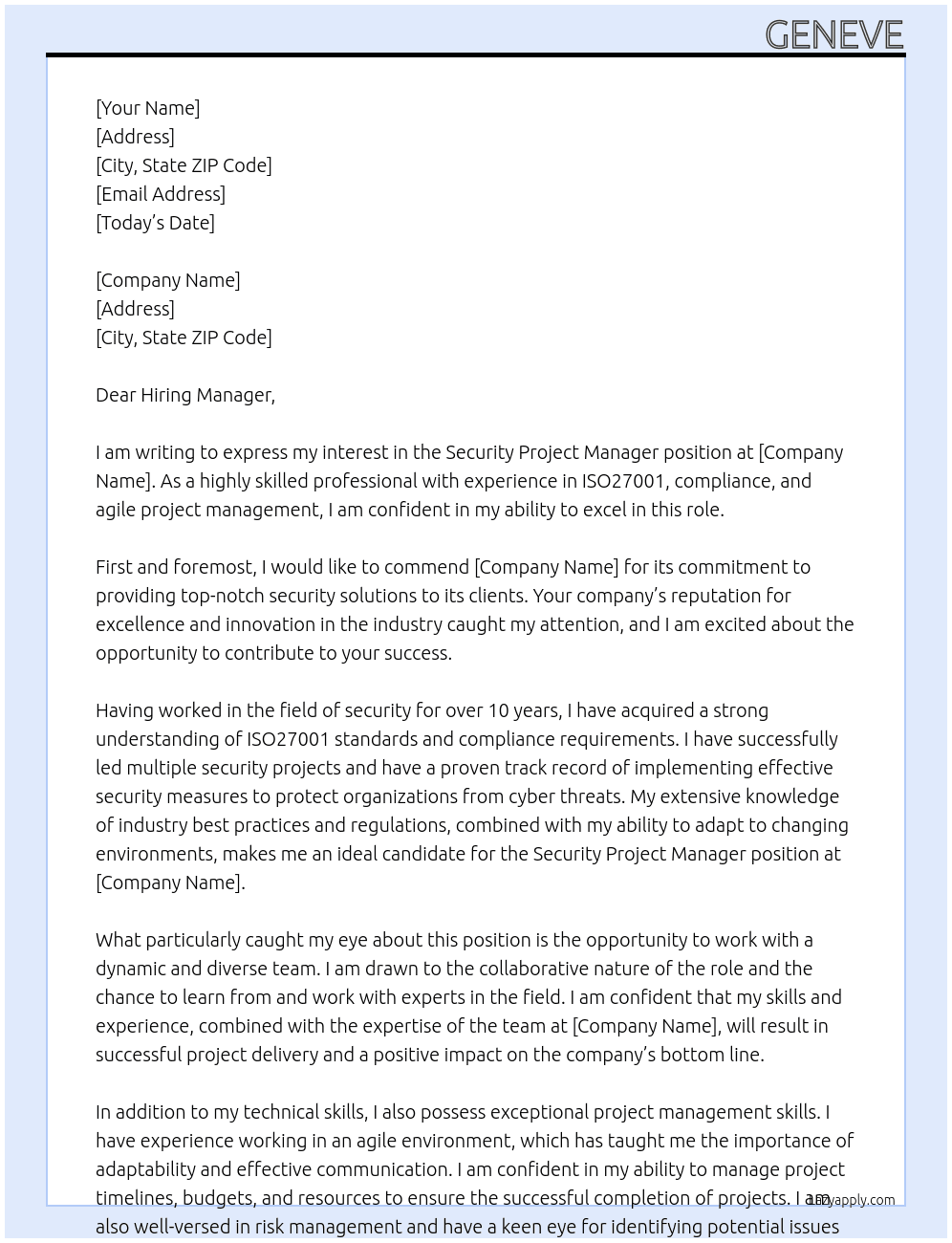 Security Project Manager At Company Cover Letter