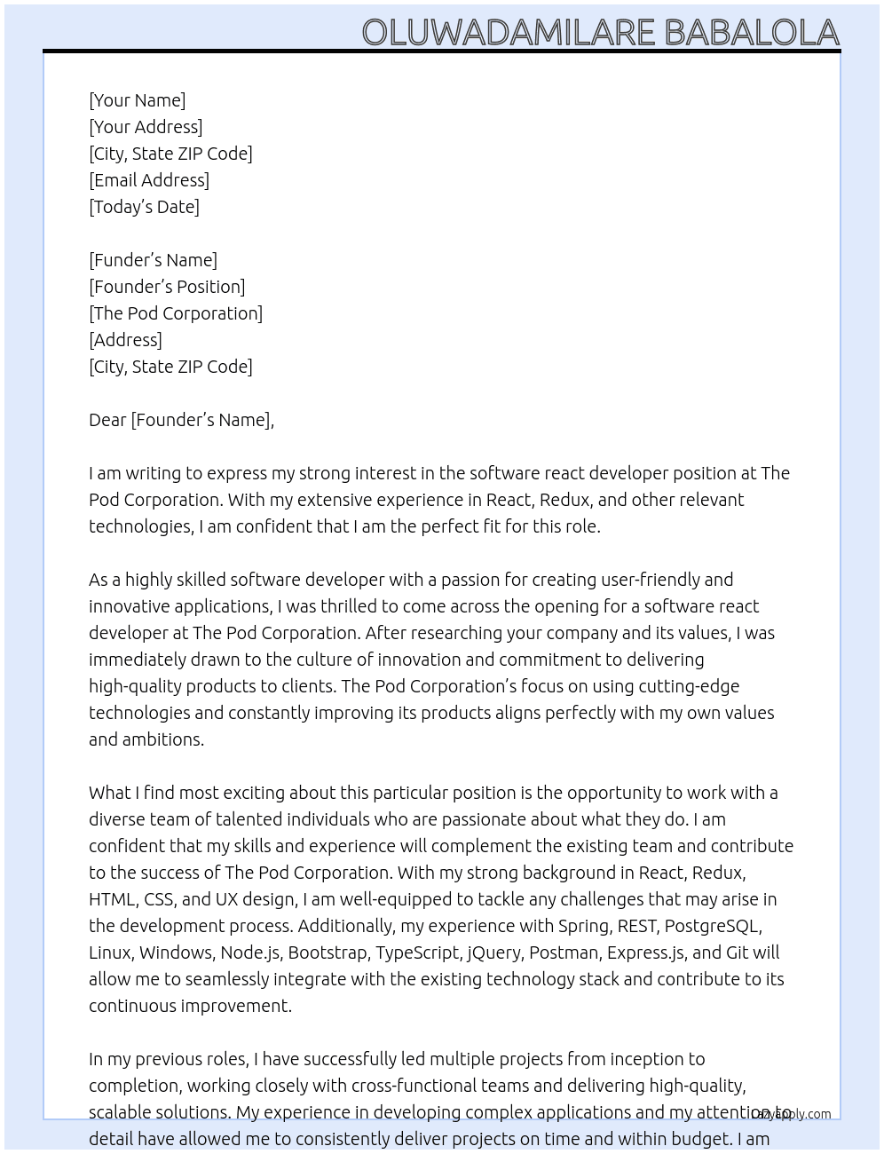 software react Developer At The Pod Corporation Cover Letter