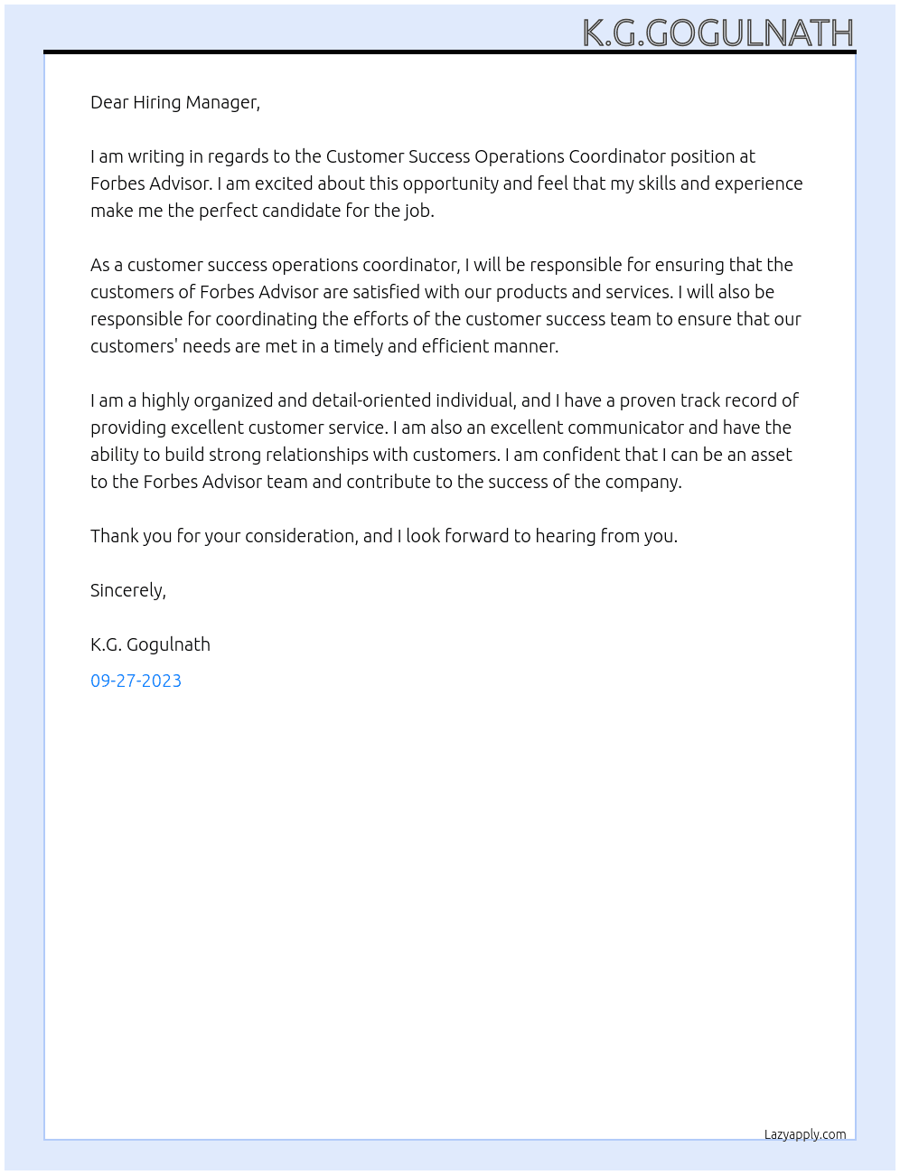 Customer Success Operations Coordinator At Forbes Advisor Cover Letter
