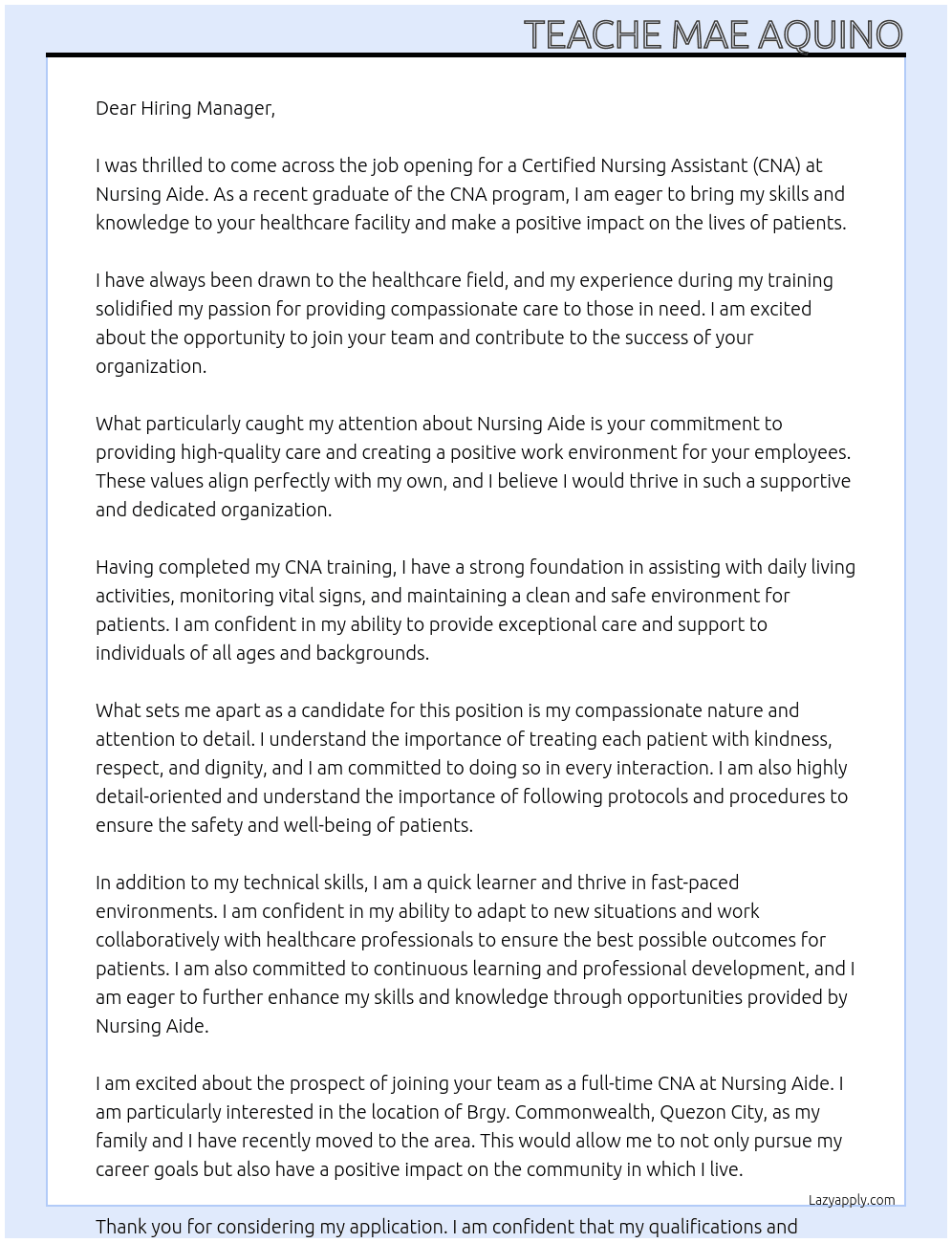 CNA At Nursing Aide  Cover Letter
