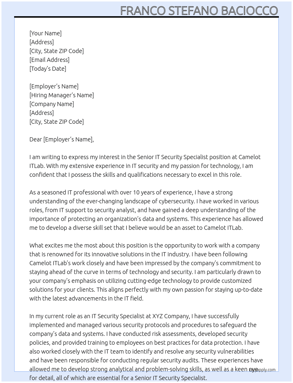 Senior IT Security Specialist At Camelot ITLab Cover Letter