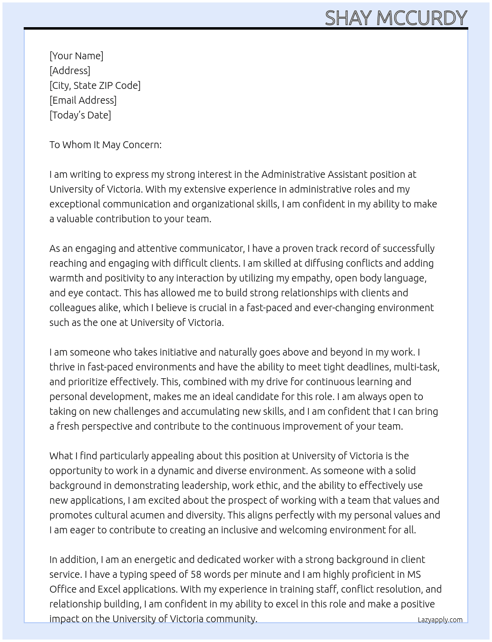 Administrative Assistant At University of Victoria  Cover Letter