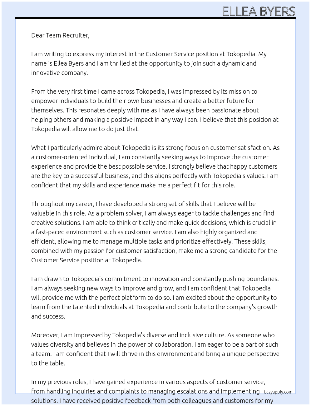 Customer Service At Toko pedia Cover Letter