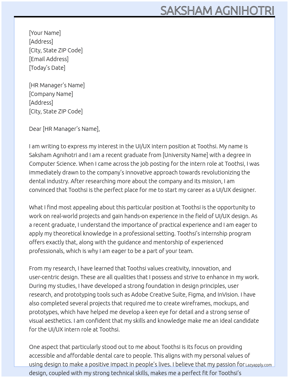 UI/UX intern At Toothsi Cover Letter